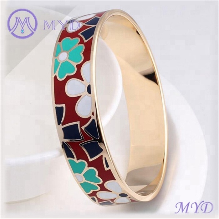 16mm Enameled Cloisonne Bracelet 18k gold plated Stainless Steel Bangle