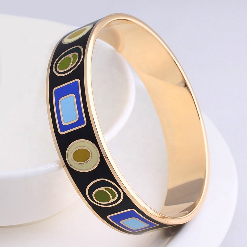 16mm wide custom design pattern fashion cloisonne hand enamel bangle women Stainless steel jewelry bracelet