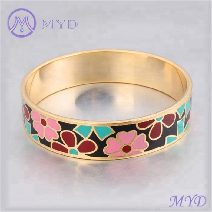 16mm Enameled Cloisonne Bracelet 18k gold plated Stainless Steel Bangle