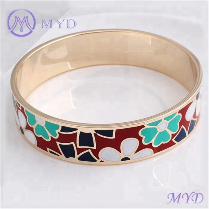 16mm Enameled Cloisonne Bracelet 18k gold plated Stainless Steel Bangle