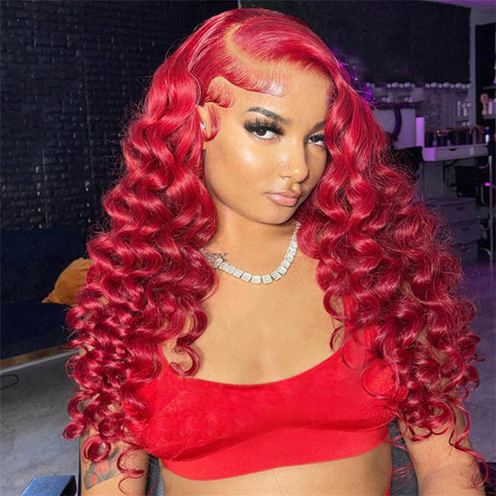 Wholesale Red Color Loose Deep Wave 13x4 Lace Wig 100% Human Hair 180% Density Lace Frontal Wig For Women