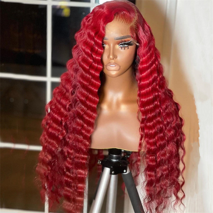 Wholesale Red Color Loose Deep Wave 13x4 Lace Wig 100% Human Hair 180% Density Lace Frontal Wig For Women