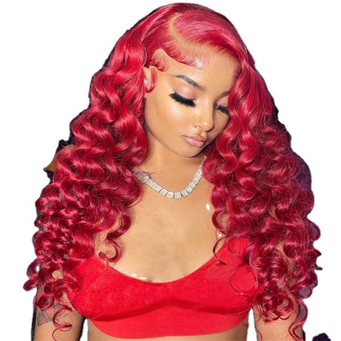 Wholesale Red Color Loose Deep Wave 13x4 Lace Wig 100% Human Hair 180% Density Lace Frontal Wig For Women