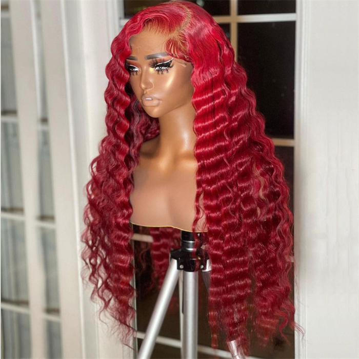 Wholesale Red Color Loose Deep Wave 13x4 Lace Wig 100% Human Hair 180% Density Lace Frontal Wig For Women