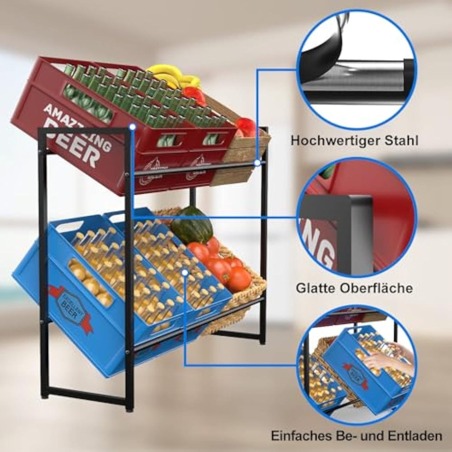 Drinks Crate Rack for 6 Crates Metal Drinks Shelf Crate Rack with Height-Adjustable Plastic Feet