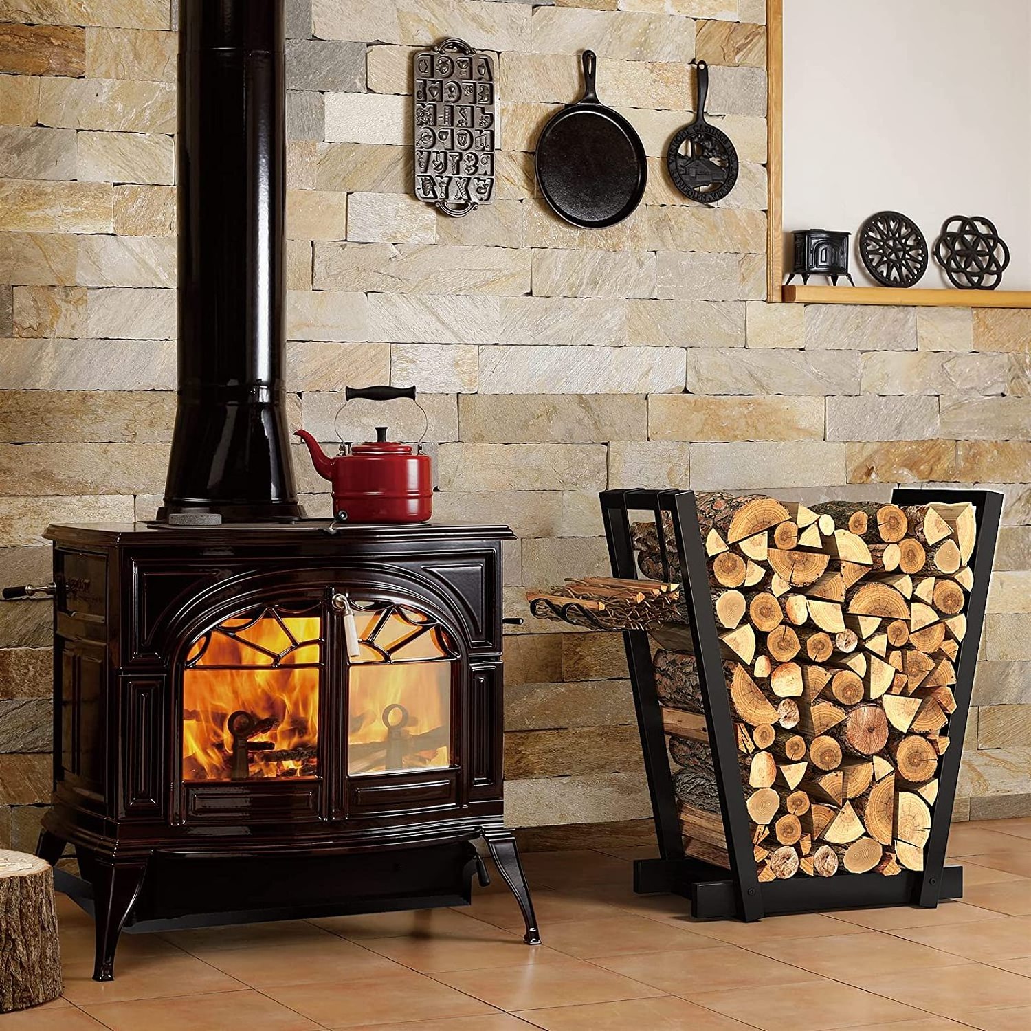 Firewood Rack Log Holder 20 Inch Fire Wood Rack Storage Stand with Kindling Holder for Indoor Fireplace