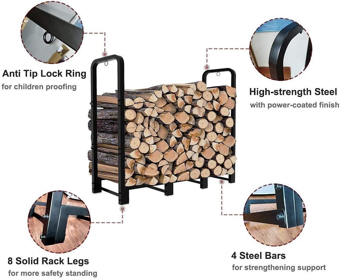 Heavy Duty Fireside Log Rack Firewood Rack Stand 4ft Logs Holder for Outdoor Indoor Fireplace Metal Wood Pile Storage