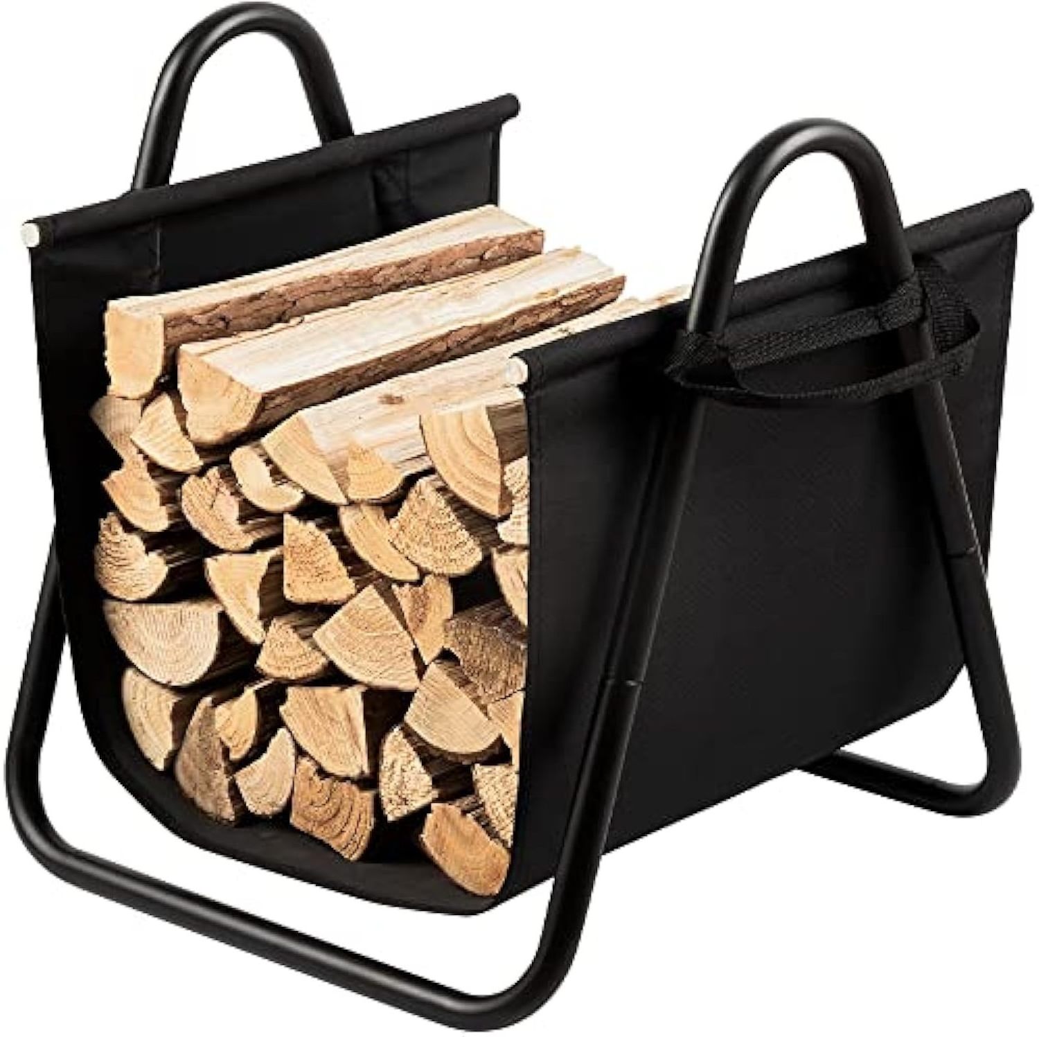 Log Holder with Canvas Firewood Rack Indoor Tote Carrier Metal Wood Rack Storage Heavy Duty Logs Stacker Handles Kindling