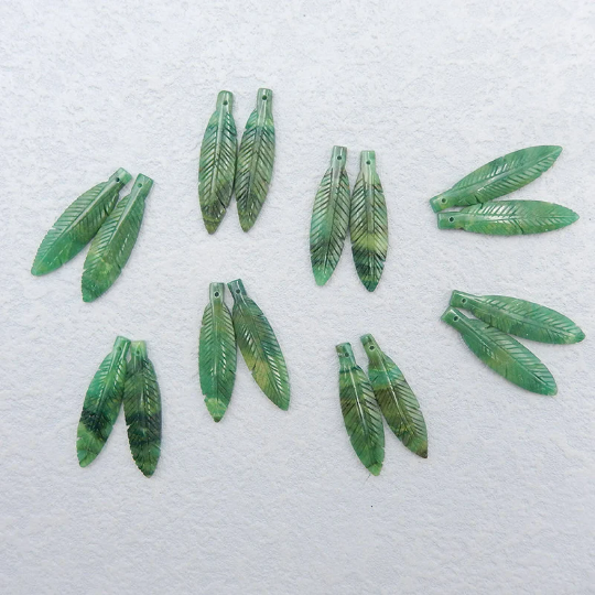 Carved Natural Gemstone African Jade Feather Shape Earring Beads, Feather cabochons Pair, Loose Gemstone for Jewelry Making