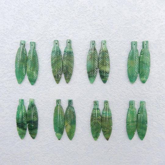 Carved Natural Gemstone African Jade Feather Shape Earring Beads, Feather cabochons Pair, Loose Gemstone for Jewelry Making