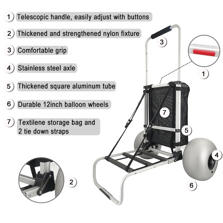 Aluminum Folding Two-Wheel Surf Fishing Carts Caddy Beach Carts with Balloon Wheels