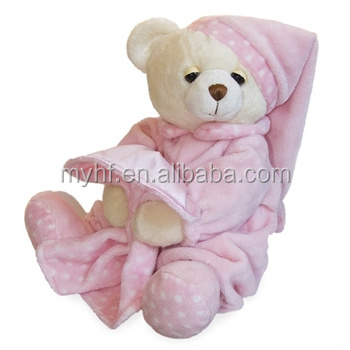 Bedtime Cuddly Soft Toy pink teddy bear with sleeping cloth and hat