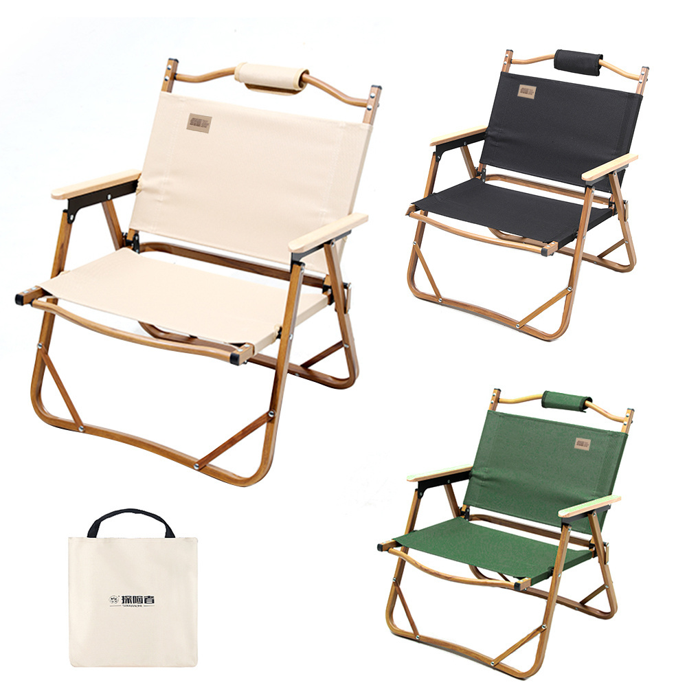 Camping Folding Chair Outdoor Furniture Portable Picnic Kermit Chair Aluminum Alloy with Wooden Armrest for Travel Beach Fishing