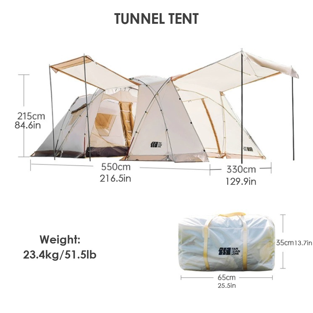 Large Outdoor Tunnel Tent for Camping Family Travel Hiking Rainproof and Shaded Overnight Shelter