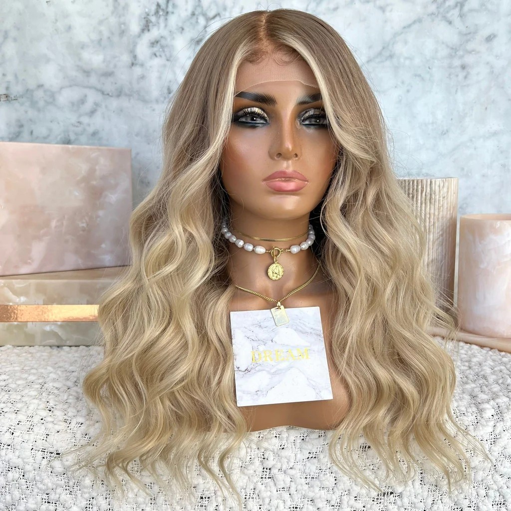 Invisible Knots Ombre Blonde Color Loose Wave Freedom Soft Virgin Human Hair HD Lace Front Wigs With Long Light Brown Root