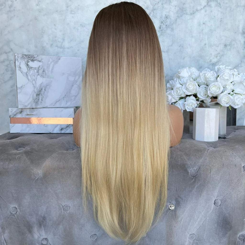 New Freedom Ombre Blonde With Long Brown Root Soft Virgin Russian Cuticle Aligned Human Hair Invisible Lace Front Wigs