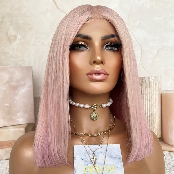 12A Grade Pastel Pink Rose Color Freedom Sharp Cut Bob Wig Double Drawn European Kosher Hair Lace Front Wigs In Fashion