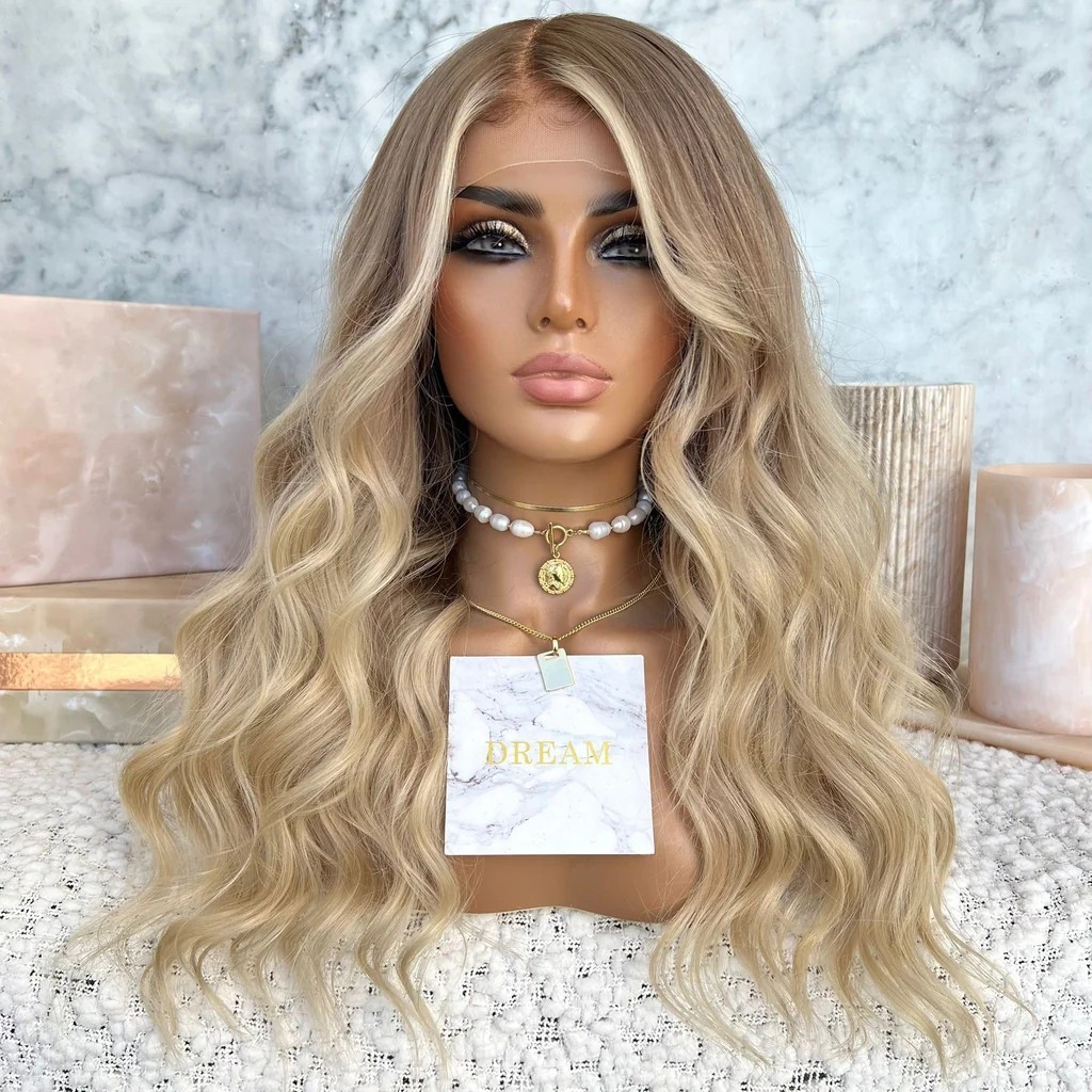 Invisible Knots Ombre Blonde Color Loose Wave Freedom Soft Virgin Human Hair HD Lace Front Wigs With Long Light Brown Root