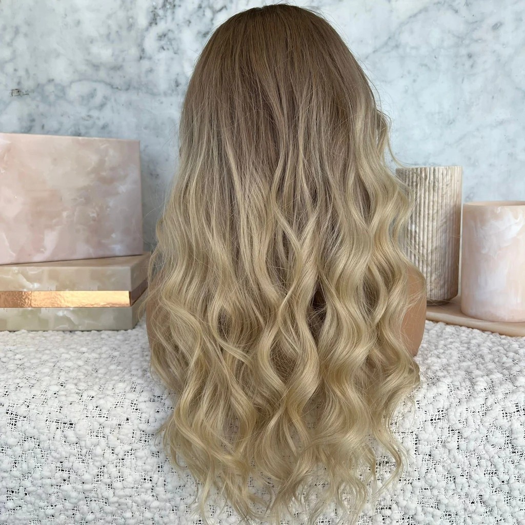 Invisible Knots Ombre Blonde Color Loose Wave Freedom Soft Virgin Human Hair HD Lace Front Wigs With Long Light Brown Root