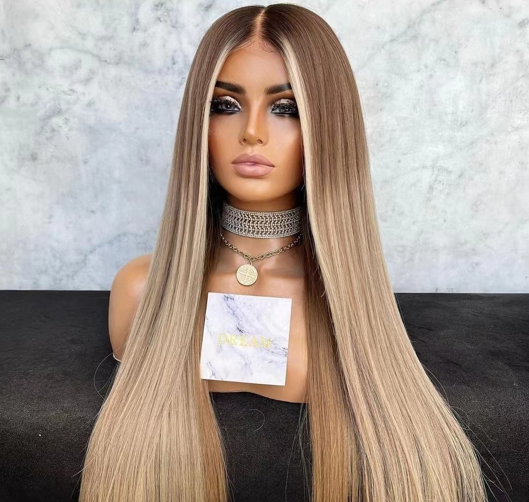 Cuticle Aligned 40 Inches Hair Highlight Ombre Honey Blonde Color Silky Straight Virgin Human Hair Lace Frontal Wigs