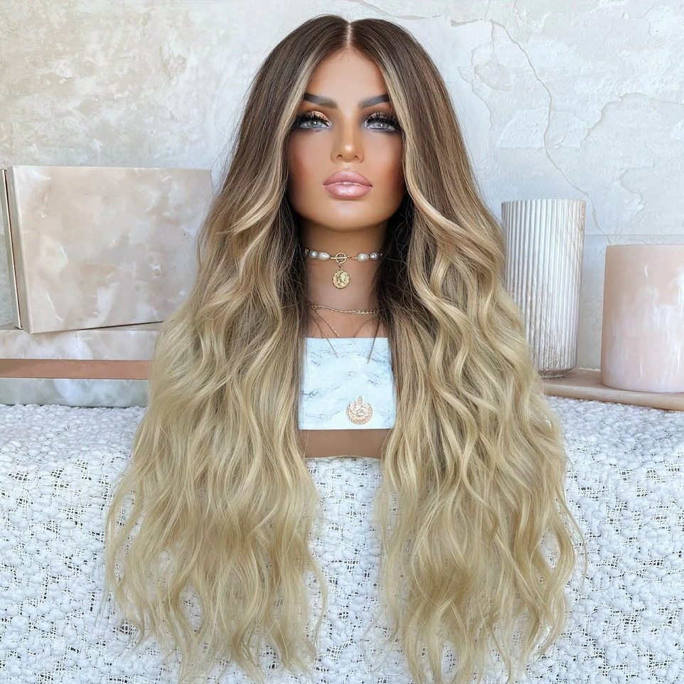 Ombre Blonde Color Loose Wave Freedom Soft Virgin Russian Cuticle Aligned Human Hair HD Lace Front Wigs With Brown Root