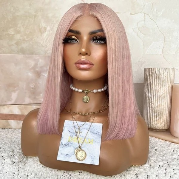 12A Grade Pastel Pink Rose Color Freedom Sharp Cut Bob Wig Double Drawn European Kosher Hair Lace Front Wigs In Fashion