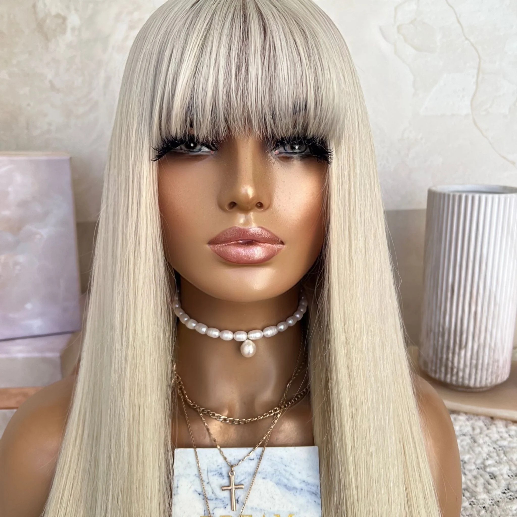 Glueless Bang Wig Freedom Ash Blonde #60 White Color Straight Virgin Remy Cuticle Aligned Human Hair 5x5 Lace Closure Wigs