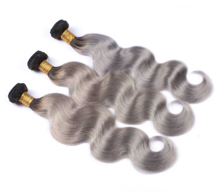 Wholesale Grey Brazilian Human Hair Weaving 1b Grey Ombre Remy Two Tone Hair Extension Grey Hair Top Closure