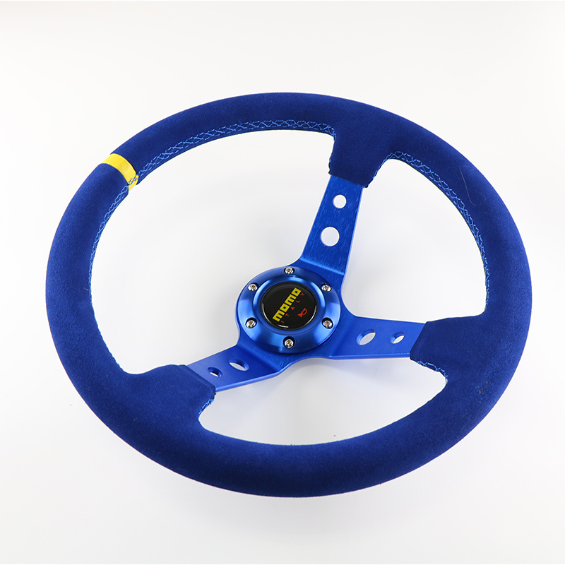 MOMO 14 350MM Steering Wheel Horn Button Black Blue Braided Wire Velvety Leather Sports Car JDM SIM Racing Universal