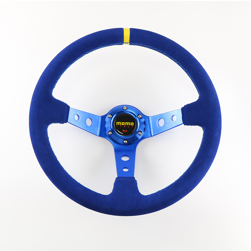 MOMO 14 350MM Steering Wheel Horn Button Black Blue Braided Wire Velvety Leather Sports Car JDM SIM Racing Universal