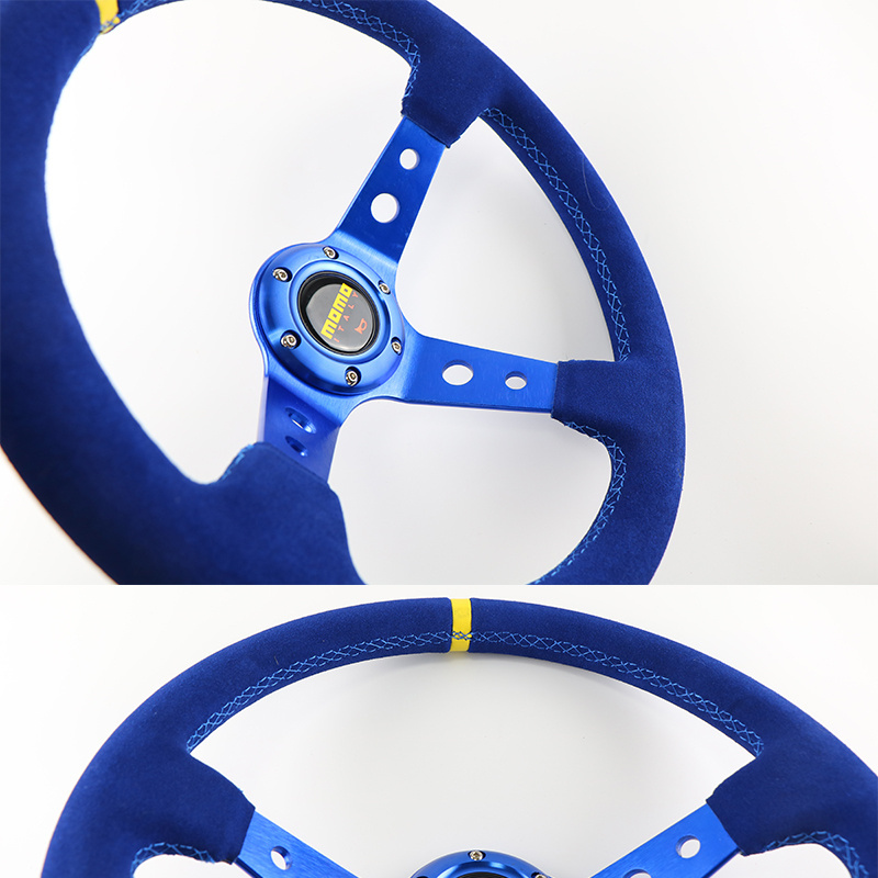 MOMO 14 350MM Steering Wheel Horn Button Black Blue Braided Wire Velvety Leather Sports Car JDM SIM Racing Universal