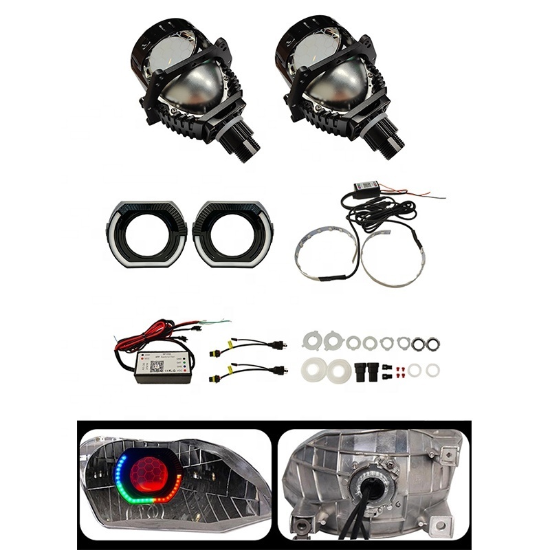 RGBW Halo Shroud H4 H7 9005 Blue Coating Bi Led Projector Lens Headlights Retrofit DRL Angry Eye Kits