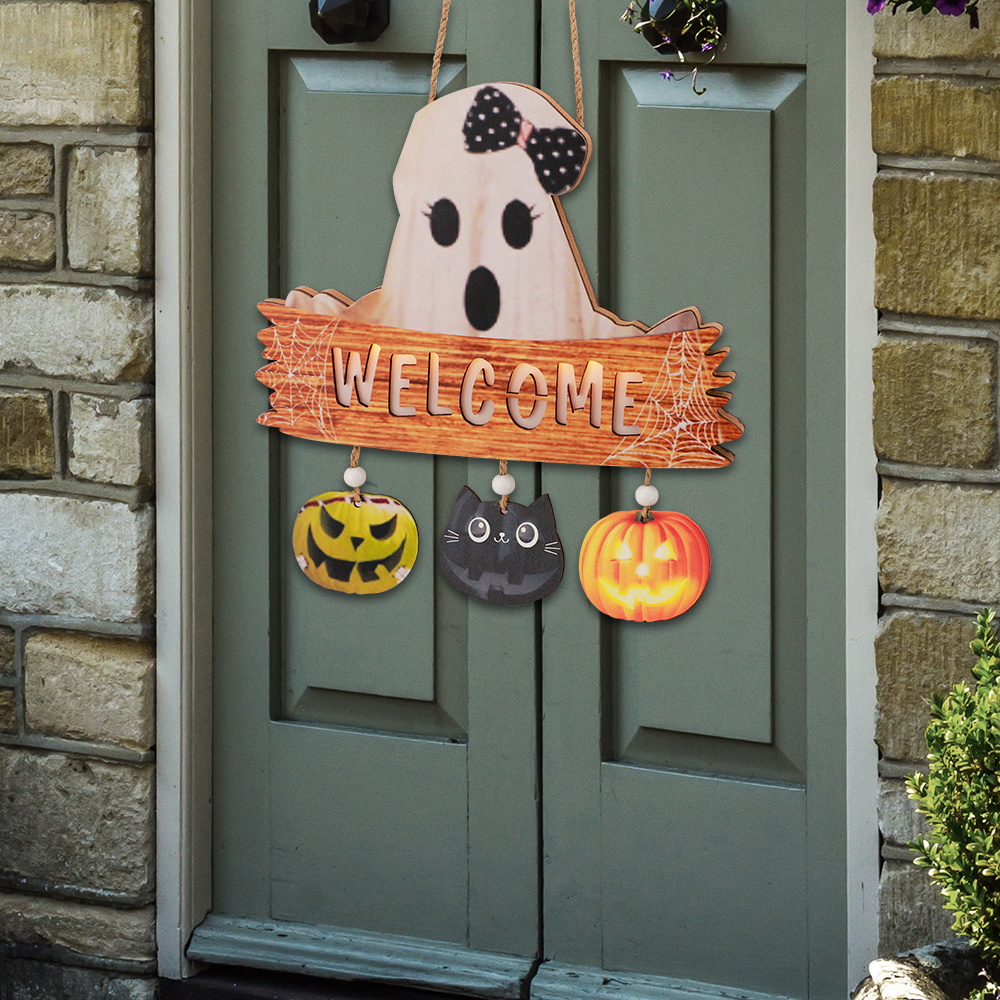 Halloween Hanging Door Signs Pumpkin Skull Welcome Sign Wood Door Hanger For Front Door