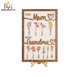 Personalized Birth Month Flower First Mom Now Grandma Wood Sign, Custom Kids Name Home Decor Wooden Plaque For Mother Day Gift