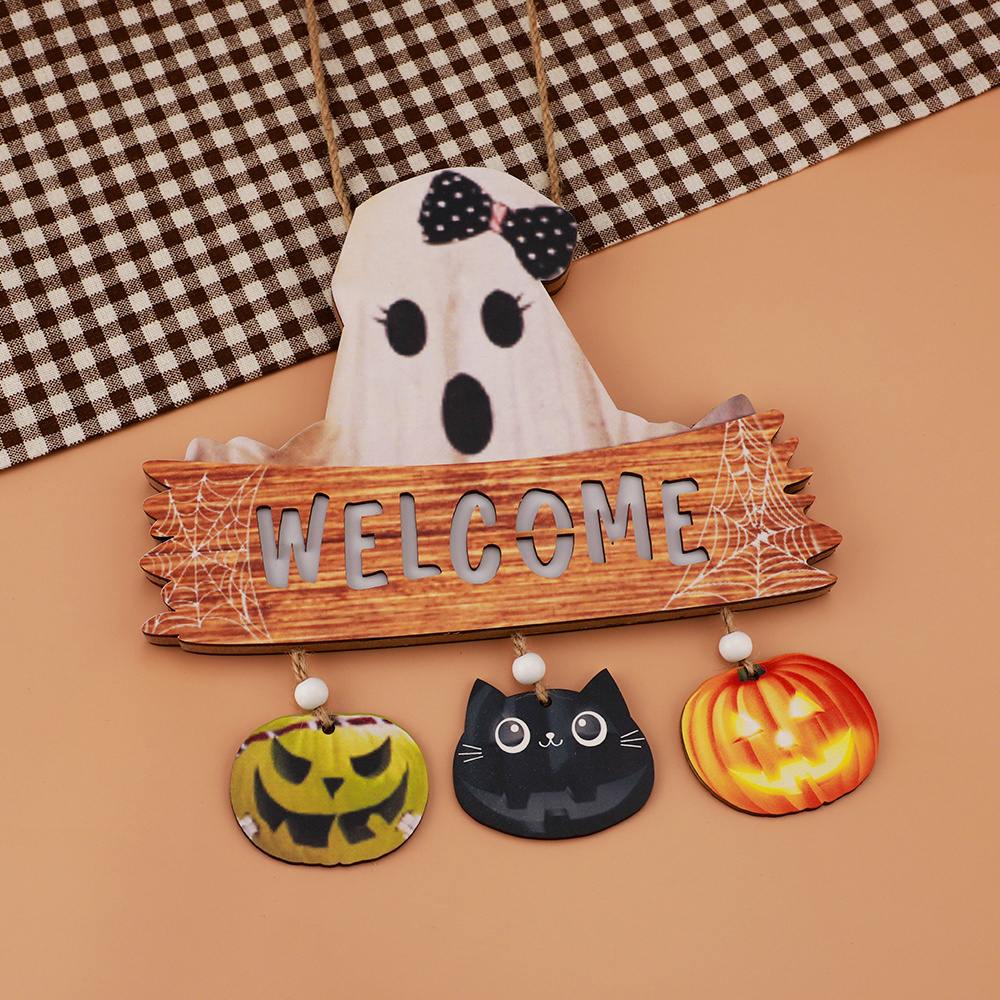 Halloween Hanging Door Signs Pumpkin Skull Welcome Sign Wood Door Hanger For Front Door