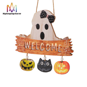 Halloween Hanging Door Signs Pumpkin Skull Welcome Sign Wood Door Hanger For Front Door