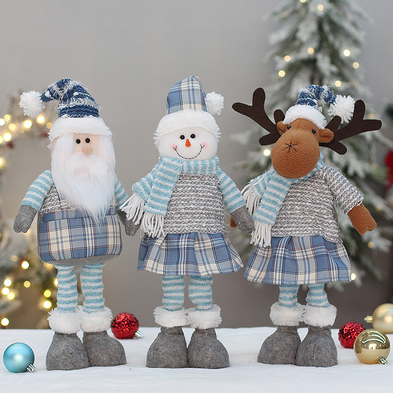 Wholesale Xmas Toys Santa Claus Snowman Elk Dolls Blue Fabric Stretch Christmas Doll for Festival Decorative Ornament