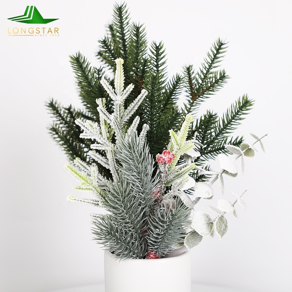 Customized Snowing PE PVC Pine Christmas Tree Branches and Berry Stem with Glitter Power for Christmas Decoration