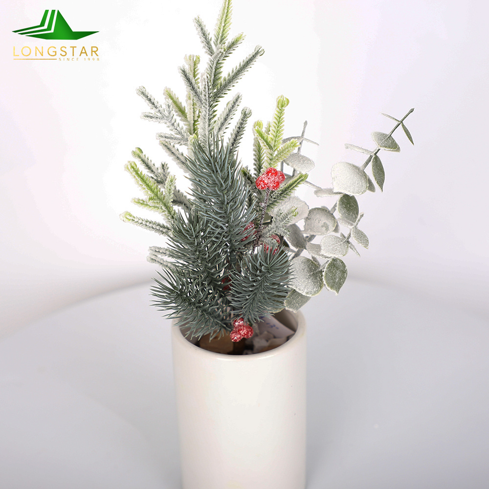 Customized Snowing PE PVC Pine Christmas Tree Branches and Berry Stem with Glitter Power for Christmas Decoration