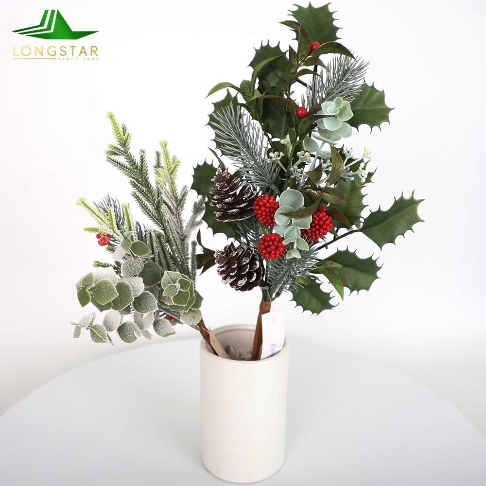 Customized Snowing PE PVC Pine Christmas Tree Branches and Berry Stem with Glitter Power for Christmas Decoration