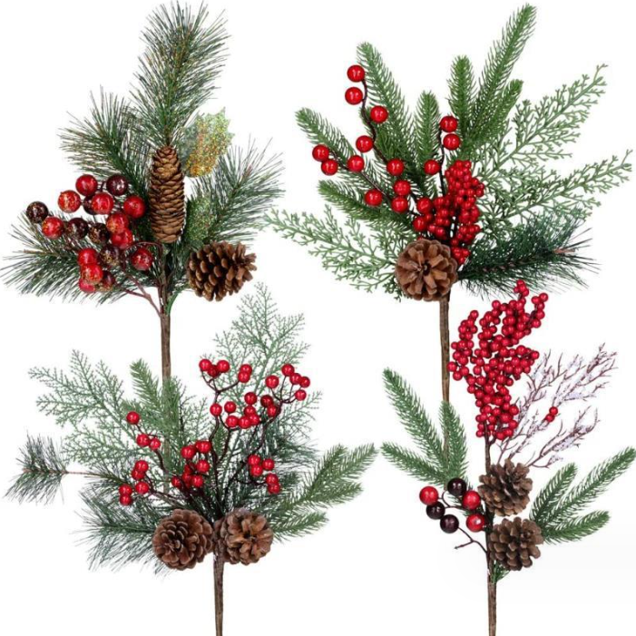 LONGSTAR customized Christmas branches, pine needles, red berry pick stems, bells, PE branches, flocked for Christmas decor