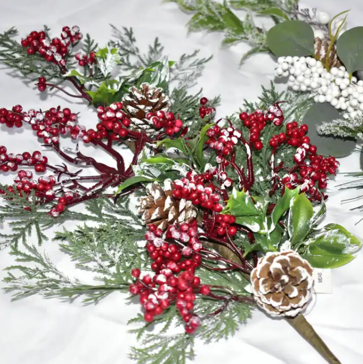 LONGSTAR customized Christmas branches, pine needles, red berry pick stems, bells, PE branches, flocked for Christmas decor