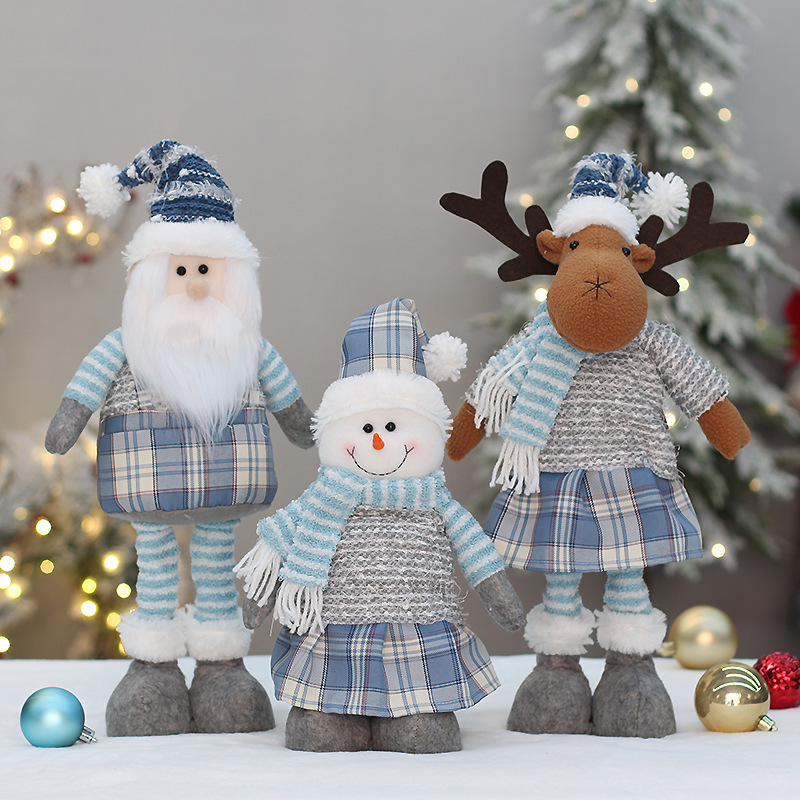 Wholesale Xmas Toys Santa Claus Snowman Elk Dolls Blue Fabric Stretch Christmas Doll for Festival Decorative Ornament