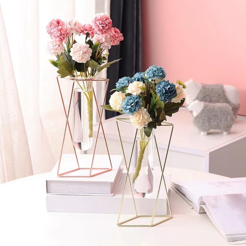 Nordic Geometric Vase Light Metal Iron Ornaments Living Room Creative Home Glass Flower Frame Decoration