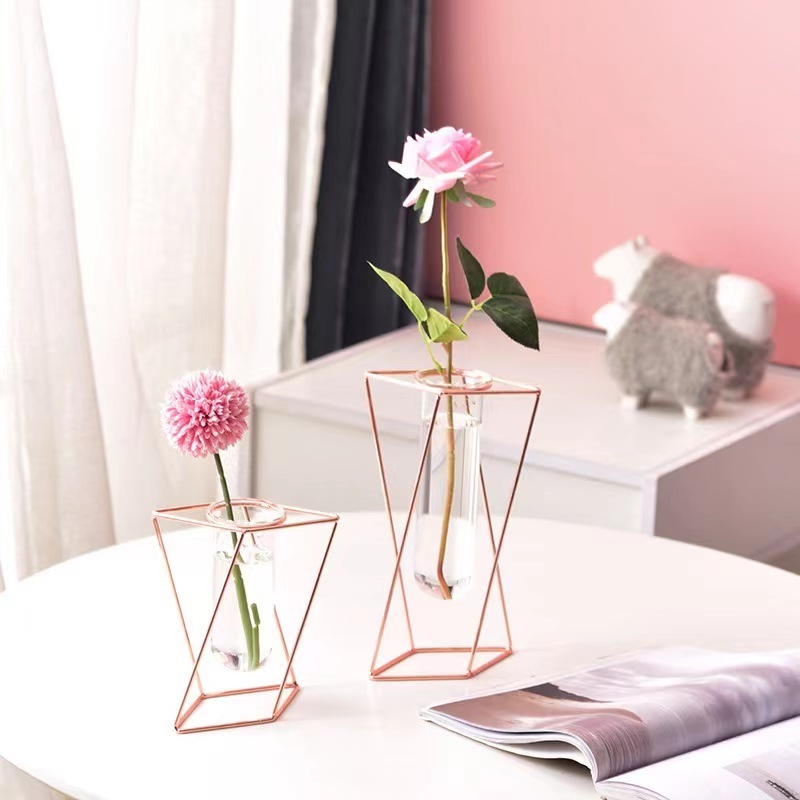 Nordic Geometric Vase Light Metal Iron Ornaments Living Room Creative Home Glass Flower Frame Decoration