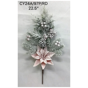 New Style Tree Branch Flocked Red Berry Home Holiday Decoration Wedding Flower Christmas Artificial Green Bush Branch