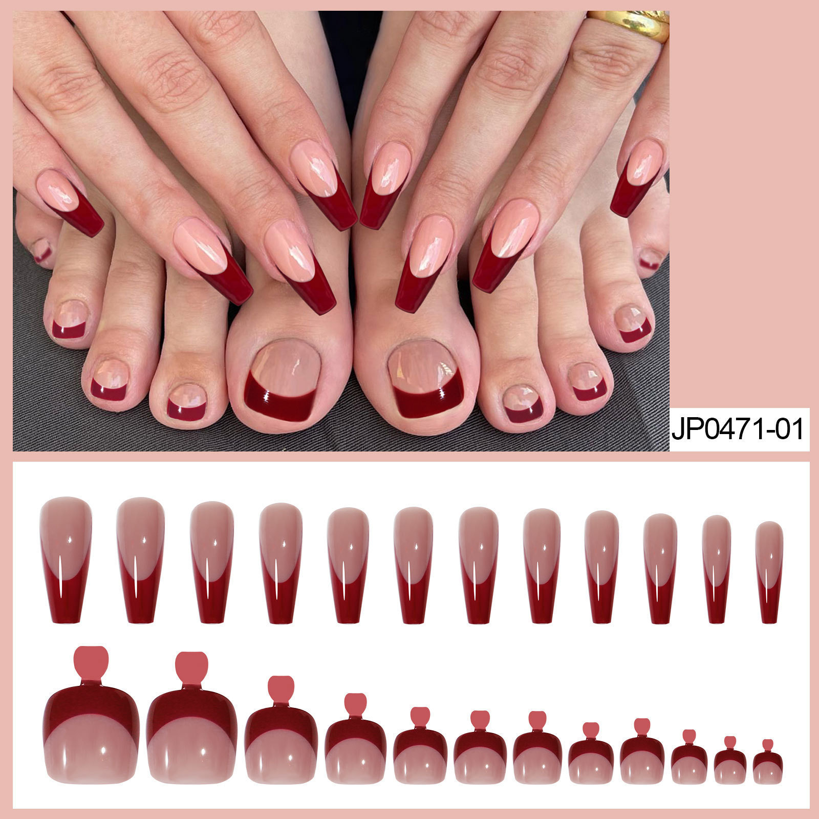 High Quality Designed Artificial Nail Tips Red French Wearing False Toe Nails Press On Nails