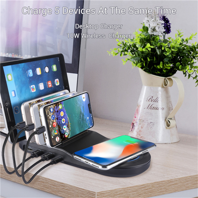 Desk Organizer 10W Qi Multi Device Charger Docking Station Smart Universal Cell Phone 4 USB Ports Wireless Charging Station