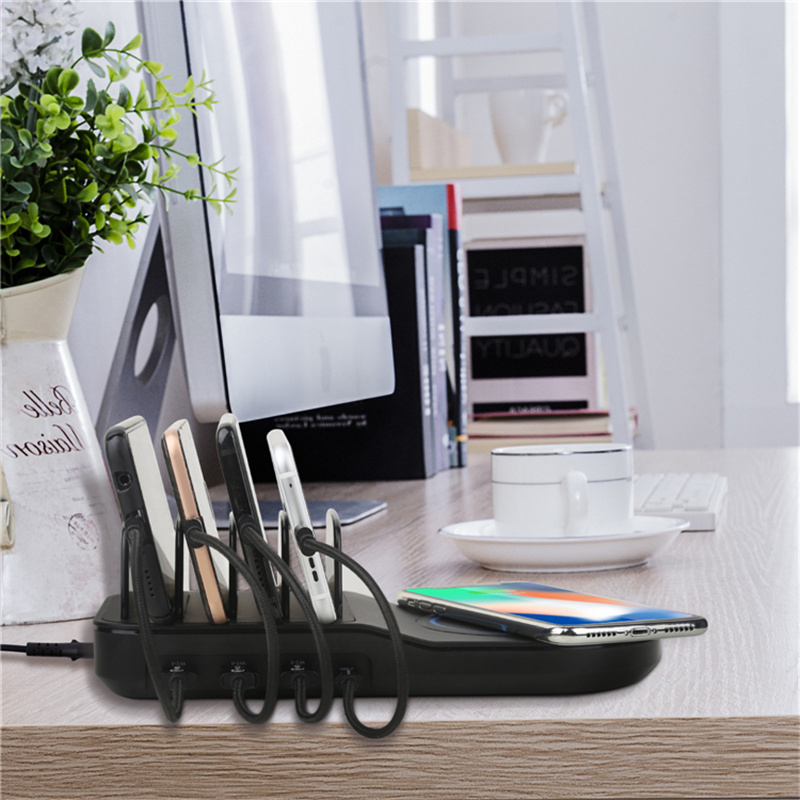 Desk Organizer 10W Qi Multi Device Charger Docking Station Smart Universal Cell Phone 4 USB Ports Wireless Charging Station