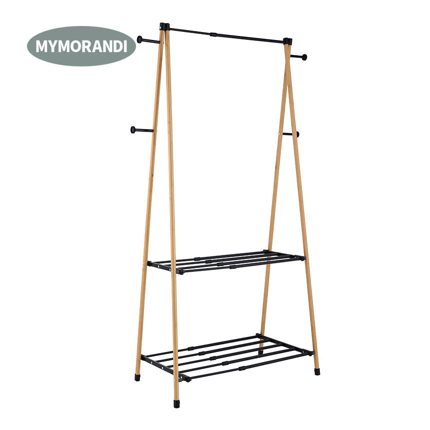 Bamboo Extendable Clothes Rack with 2-Tier Storage Shelf and 4 Coat Hooks clothing store display rack